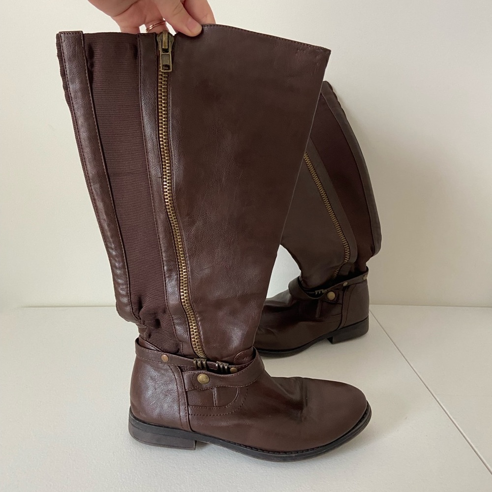 EUC | Women’s brown tall double zip strap buckle boots size 7 - Picture 1 of 8